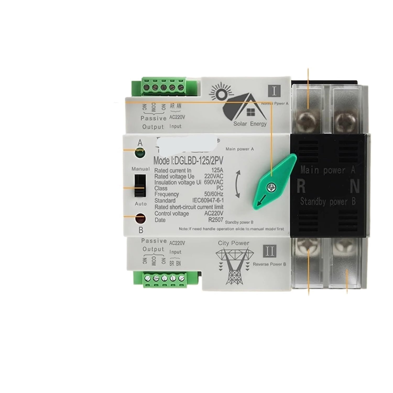 for PV and Inverter Dual Power Automatic Transfer Switch 2P 4P Electrical Selector Uninterrupted Power Photovoltaic(2PV,220V)