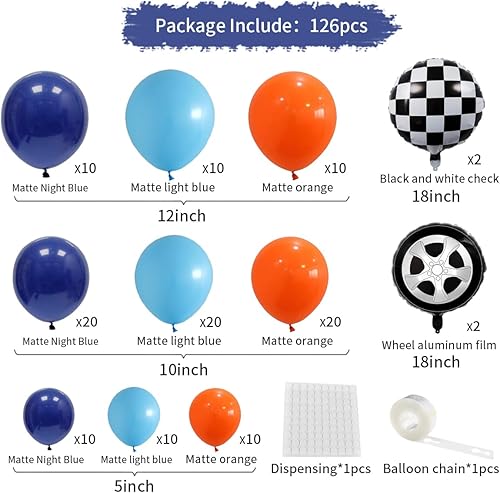 Miniatura 7 de Kit de guirnalda de globos azules y naranjas, 126 globos azul marino, azul claro, naranja, globos de aluminio a cuadros negros y blancos para niños,