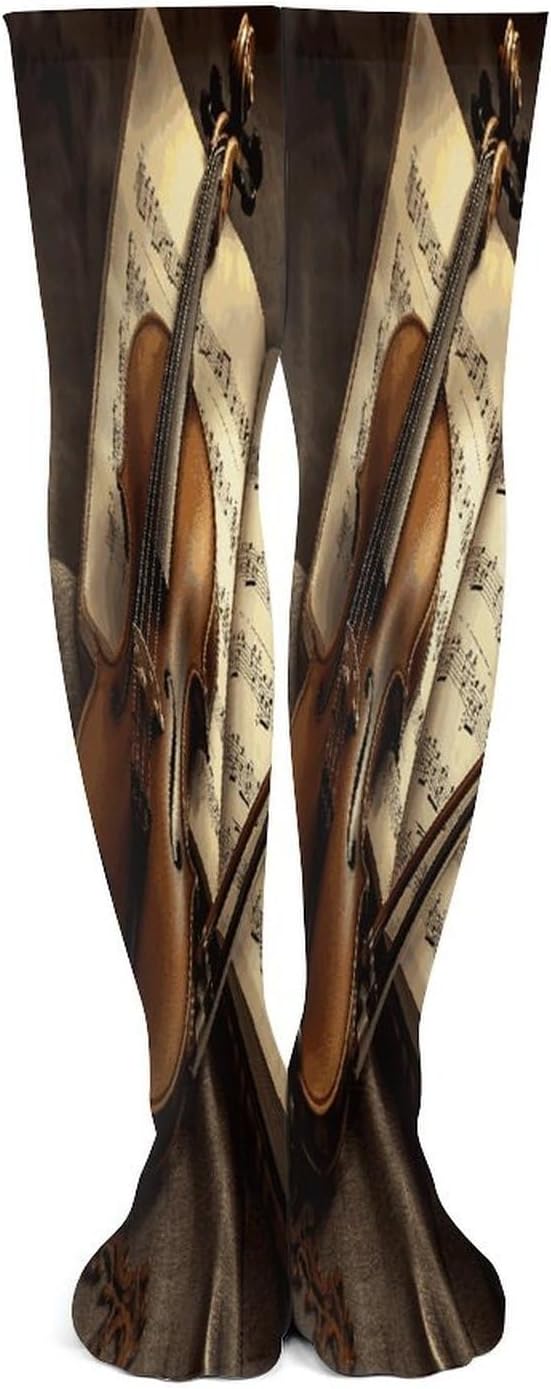 Violin And Book Women High Waist Fishnet Stockings Stretch Mesh Pantyhose Sexy Trendy Legwear for Daily Wear