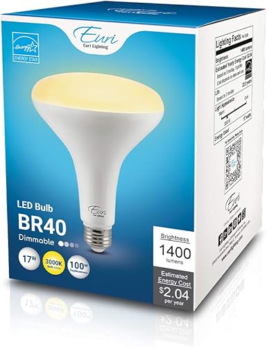 Miniatura 5 de Euri Lighting EB40-17W3000e LED BR40, 17 W (equivalente a 100 W) 1400 lm, Dim, 80 CRI, blanco suave (3000 K), ángulo de haz de 110, clasificación de
