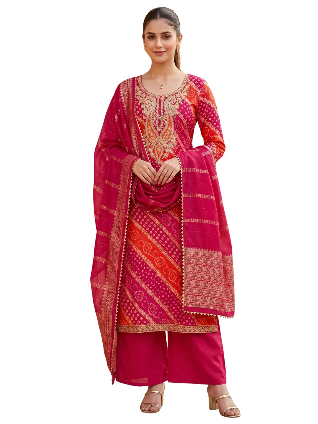 Women's Rani Pink Bandhani Print Chanderi Silk Unstitched Dress Material | Stylish Ladies Latest Salwar Suit Sets Trendy Kurtas Kurti Pant with Dupatta for Women 3 Piece Free Size-image-23