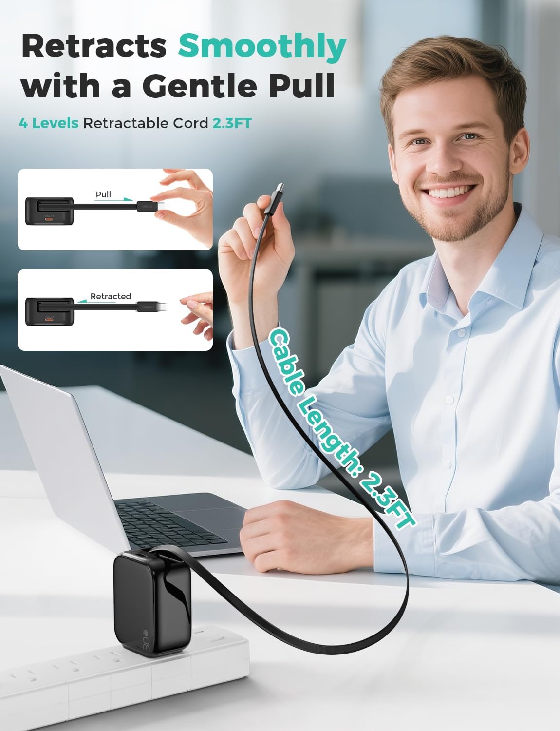2-in-1 Retractable Wall Charger Plug with USB C Port and 27in/70cm Type C Cable,Travel Essentials 30W Fast Charging Foldable Block for iPhone 16/15/,iPad,Galaxy,Pixel-Black