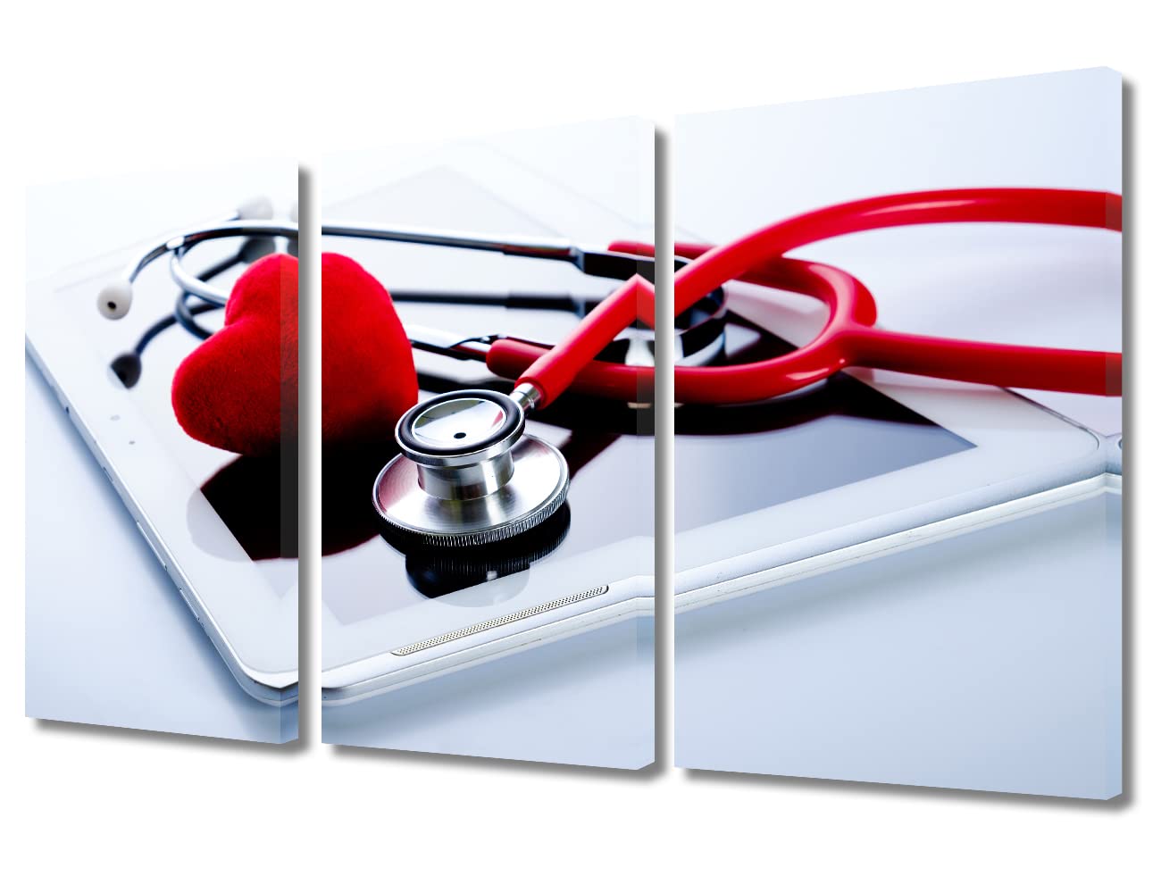 TUMOVO Red Heart Stethoscope on Tablet PC Health Medical Technology Concepts Wall Decor 3 Panels Medical Pictures Wall Decor for Bedroom Framed Ready to Hang (36" Wx24 H)