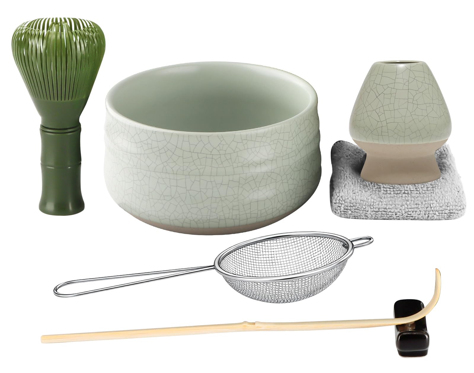 7pcs Matcha Set, Matcha Whisk Set - Matcha Whisk Plastic, Whisk Holder, Matcha Bowl, Scoop, Sifter, Absorbent Cloth - Japanese Tea Ceremony Set for Home Use or as a Gift, Mesh Green