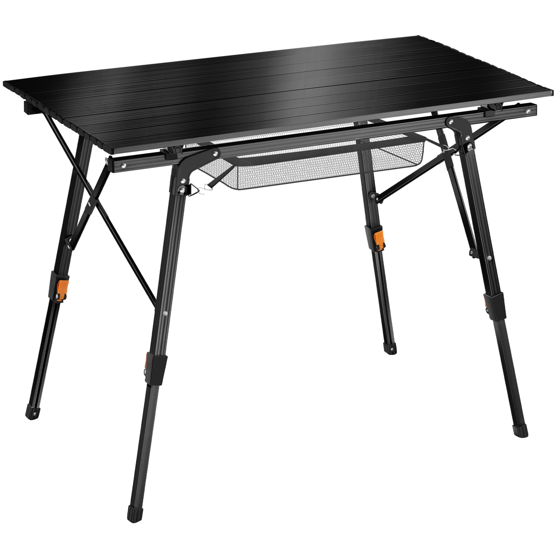 tectake® Folding Camping Table, 90 x 52 x 47-70 cm, Height-Adjustable Foldable Table, Lightweight Aluminium, Portable Outdoor Table with Storage Net & Carry Bag for Camping, Picnic, BBQ - Black