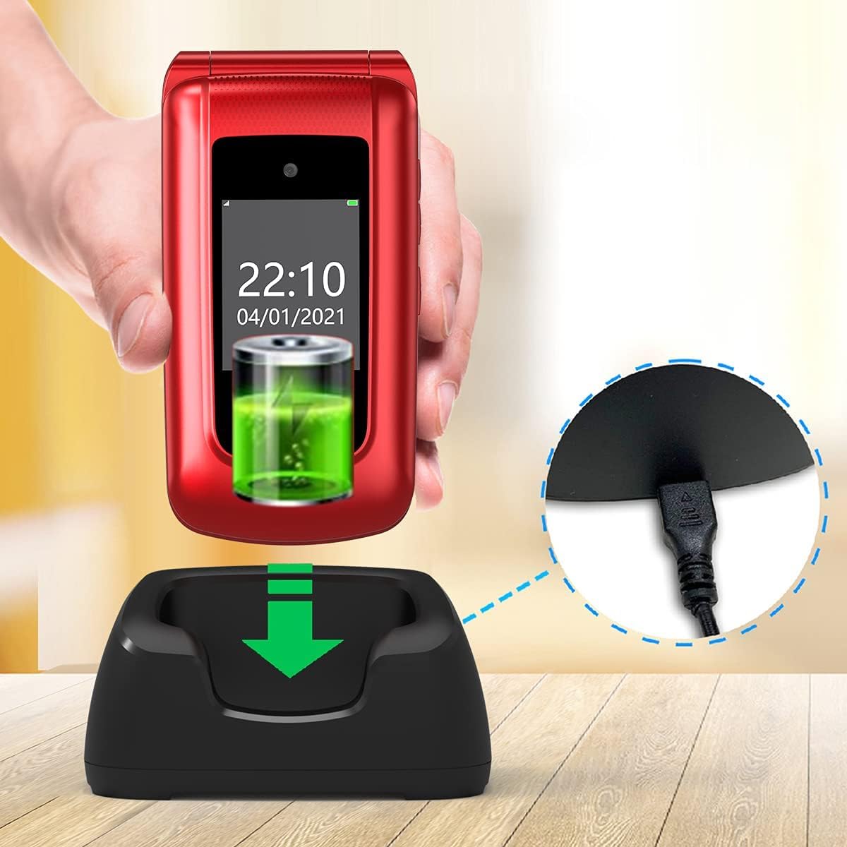 Teléfono móvil 4G con Botones Grandes para Personas Mayores, Desbloqueado, Simple y fácil de Usar, con Pantalla IPS de 2.4" + 1.8", botón SOS, estación de Carga y batería de 1000mAh