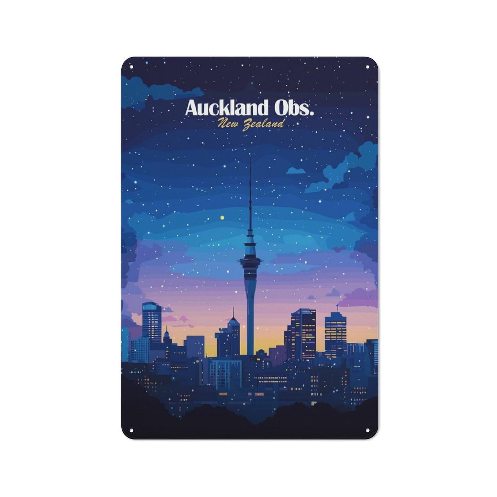 Junmoney Style-11 Casual Auckland Skyline Night Shed Metal Sign 30X20cm, Utility Space Decor For Shed, Garden Room, Porch Or Garage