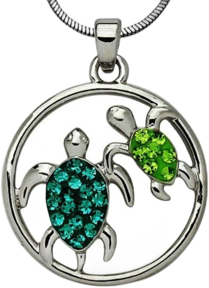 Sea Turtle Charm Pendant Statement Chunky Rhinestone Necklace for Women Green Blue Crystals