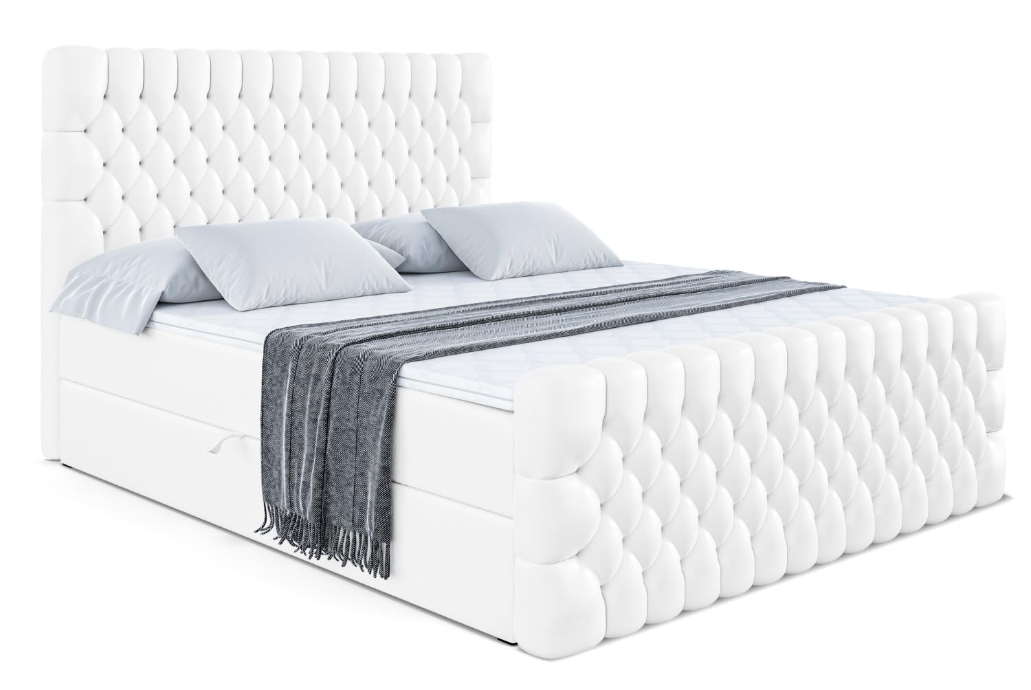 ALTDECOR Boxspringbett mit Matratze und Lattenrost, Boxbett, Topper, Fußteil, Polsterbett mit Bettkasten, Bett mit Stauraum H3-Matratze, Doppelbett, Springboxbett -Serene-Z - 180x200 Weiß Kunstleder