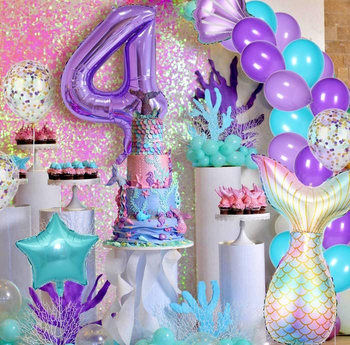 Miniatura 5 de MSMANCY Decoraciones de cumpleaños de sirena juego de 25 piezas de suministros de fiesta con cola de sirena, concha, estrella, globos de látex y