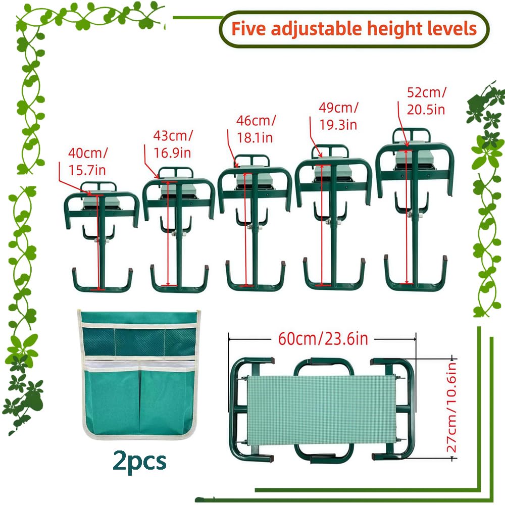 Tabouret de jardin pliable - Hauteur réglable - 60 x 52 x 27 cm - Repose-genoux avec aide au lever - Sac à outils - Tapis en mousse EVA - Pour jardinage, pêche, camping