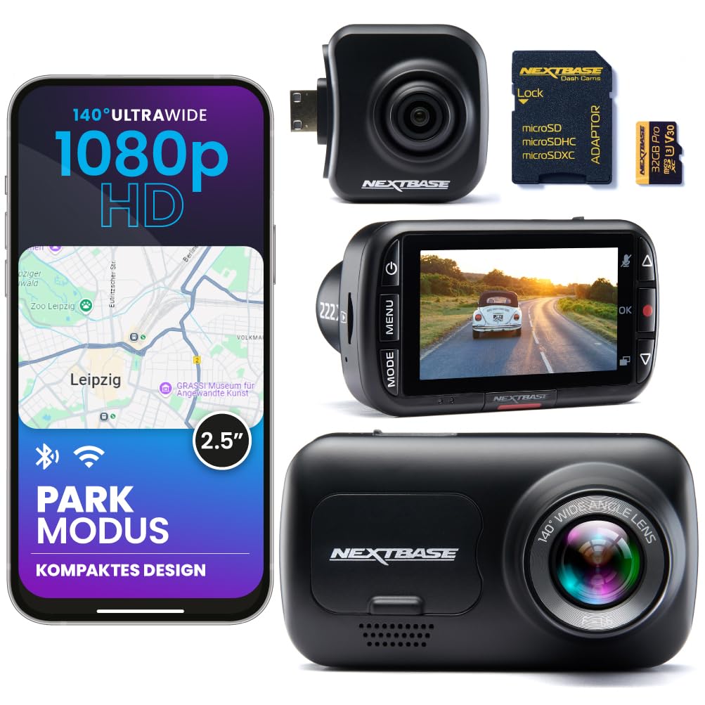 Nextbase 222 X Dashcam avant + arrière avec caméra arrière + carte SD 32 Go | 1080p Full HD | écran 2,5" | enregistrement en boucle | mode stationnement | support Click&Go |