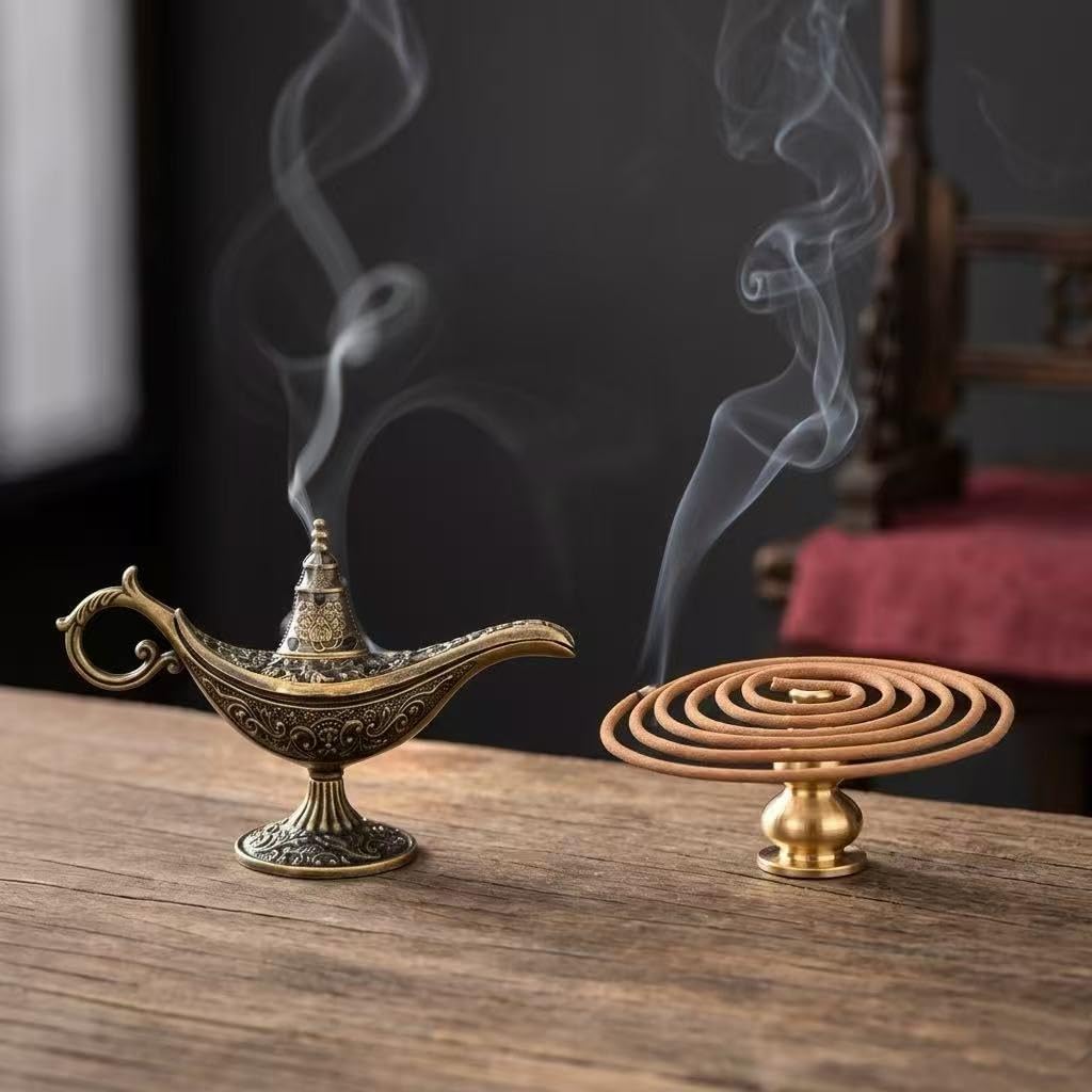 2Pcs Bronze Brass Incense Burner Set, Genie Lamp Incense Holder for Home Decor
