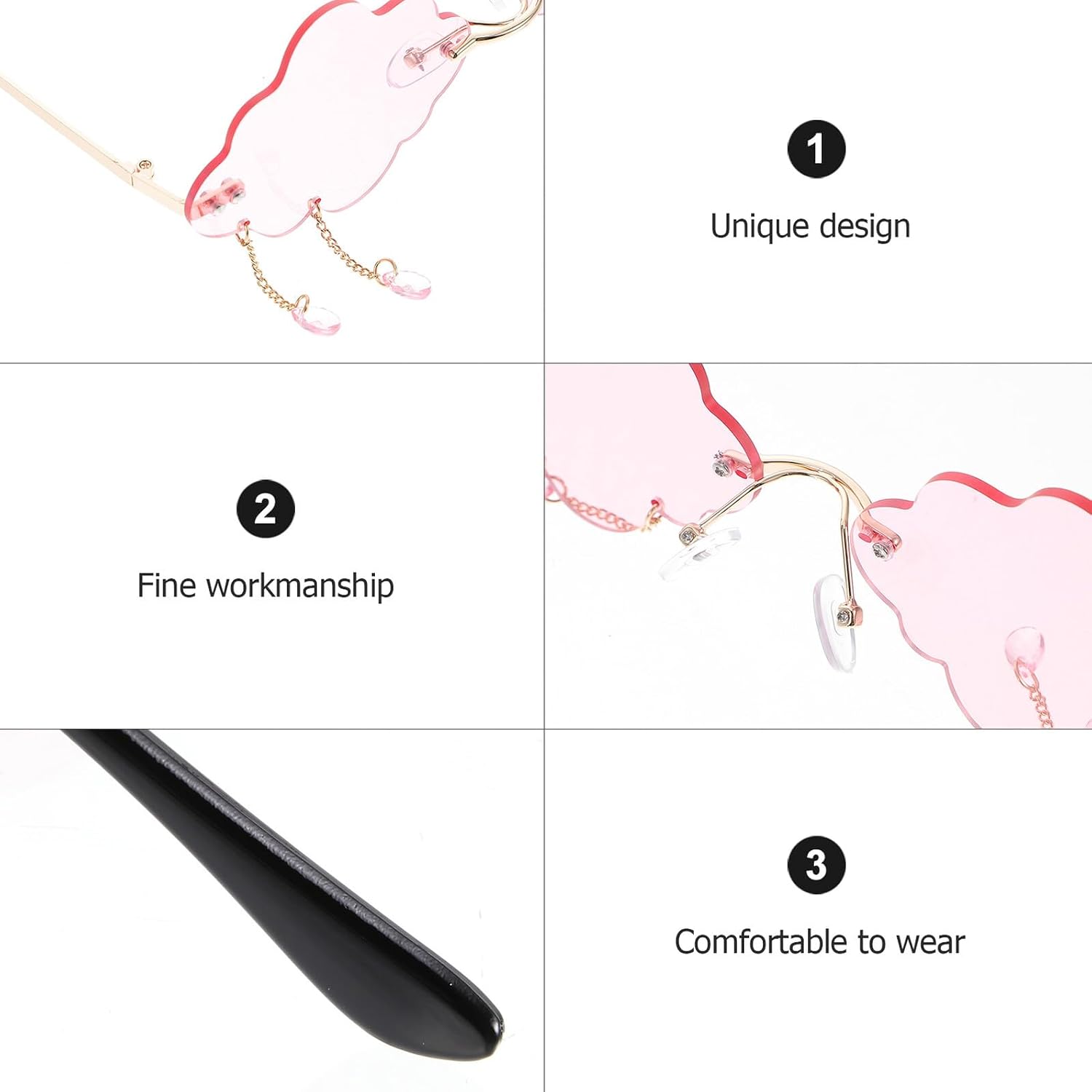 KALLORY Cloud Shaped Rimless Sunglasses Women Funny Party Stylish Pink Lens Gold Frame Novelty Eyewear Accessories