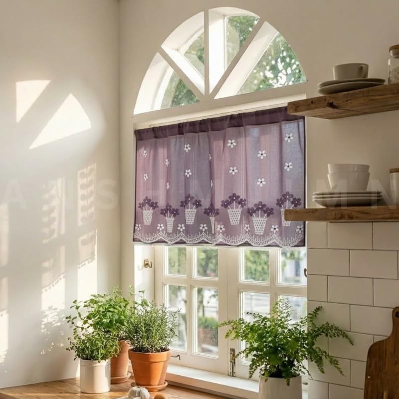 Image of Short Window Curtain for Kitchen, Living Room, Cafe, Restaurant & Home Decor | Elegant Half Window Valance | Length - 24 Inch, Width - 42 Inch (Wine Flowerpot, Small)