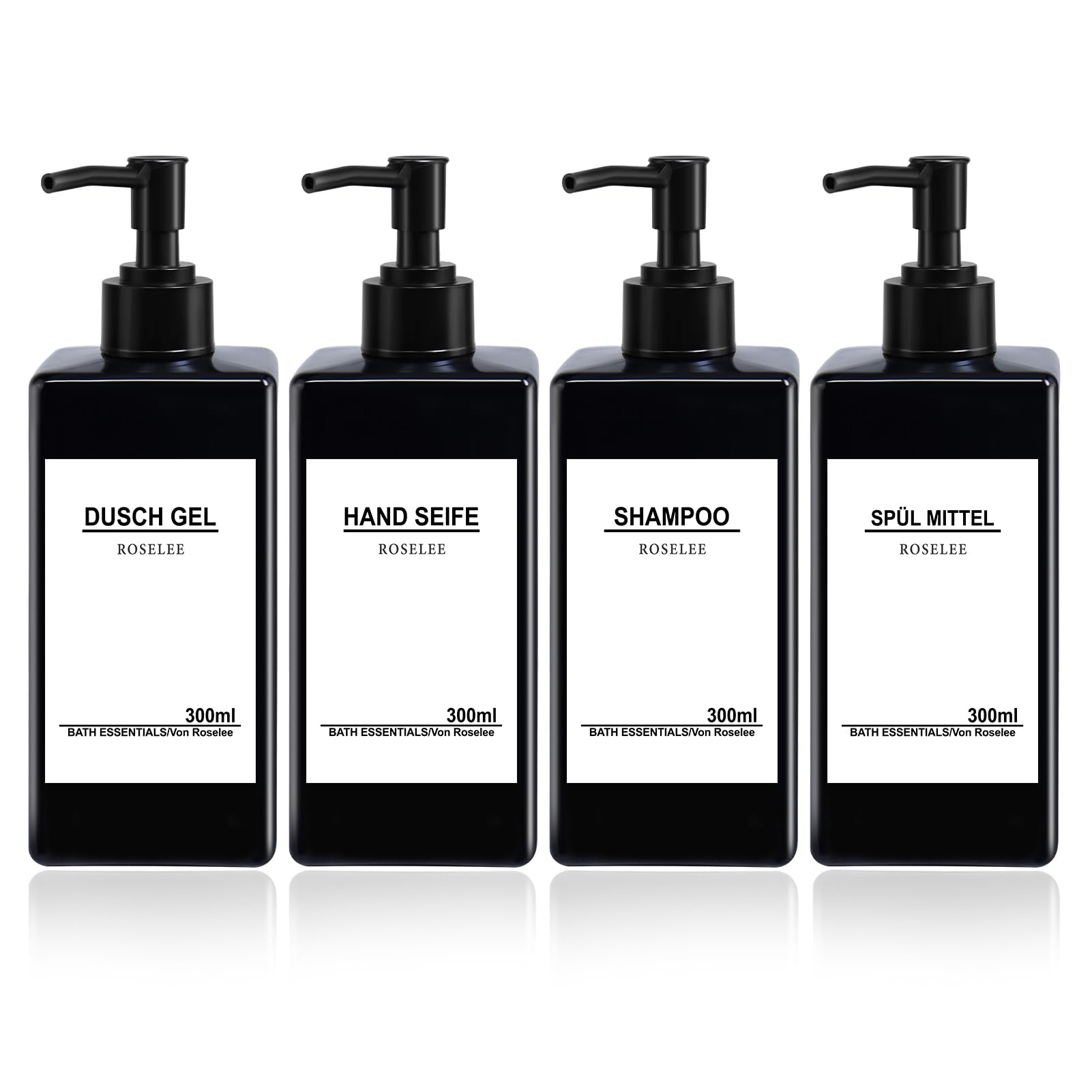 4 Pieces Black Bathroom Soap Dispenser 300 ml Refillable Shower Gel and Shampoo Dispenser Plastic Soap Dispenser for Liquid/Soap/Shampoo/Lotion/Shower Gel, with Funnel, Sticker