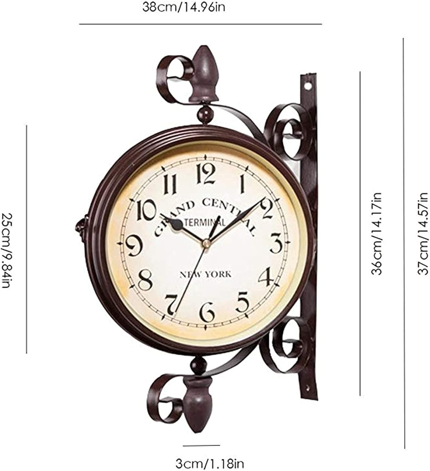 SBTXHJWCGLD Outdoor Garden Wall Clock, 15 Inch Classical 360°Rotation Double Sided Train Station Clock with Station Bracket Garden Clock Indoor Outdoor Decoration Waterproof Outdoor Clock