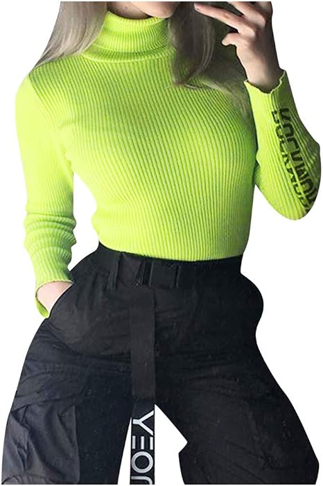 Amazon.com: LILICHIC suéter verde fluorescente para mujer, cuello alto con  carta impresa de punto suéter de punto de moda slim invierno Jersey Tops, S  : Ropa, Zapatos y Joyería