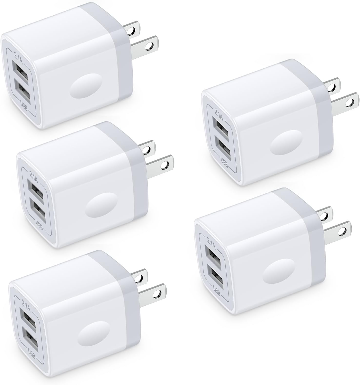 USB Wall Charger,Charging Block,5Pack 2.1A Quick Dual Port Plug Charger Box Cubes