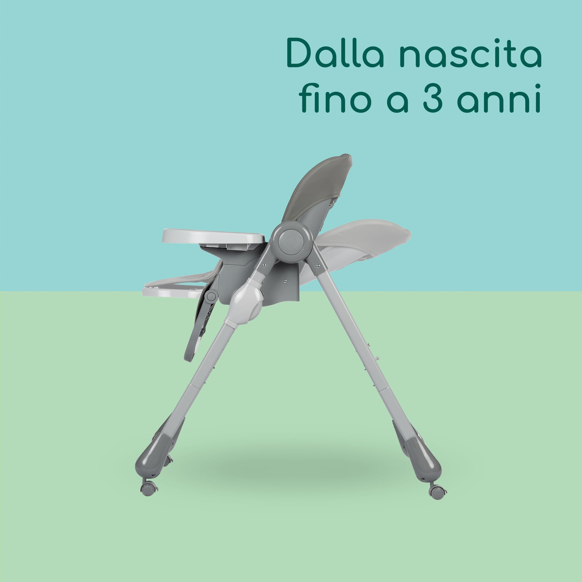 Bebeconfort Olea Seggiolone pappa bimbo, 0-3 anni, 0-15 kg, Seggiolone pappa pieghevole e reclinabile 3 posizioni, 9 Altezze, Facile da pulire, 4 ruote piroettanti, Chiusura compatta, Tinted Grey