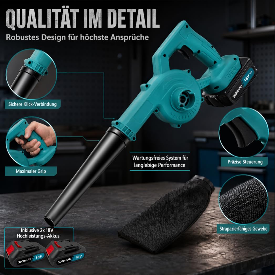 Akku Laubbläser 500W mit 2X 3000mAh Akku und Ladegerät, 210 km/h 3-in-1 Laubbläser & Laubsauger, 32000 U/min Stufenlose Geschwindigkeit, Kompatibel mit Makita-Akku, für Garten Hof Terrasse Auto