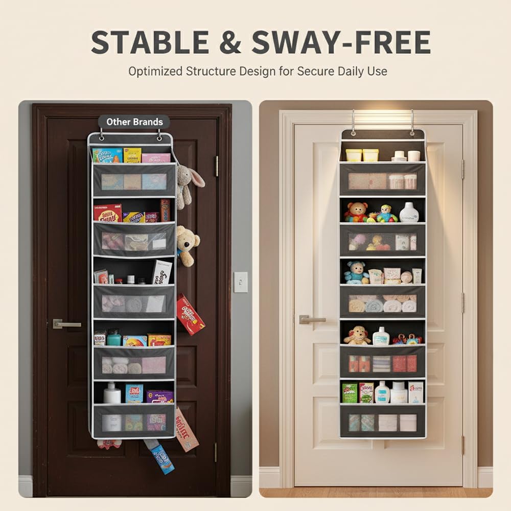 SakerPlus Five Tier Over The Door Organizer, Hanging Door Storage Organizer with Clear Windows and Side Pockets, Behind Door Storage for Bedroom Bathroom Pantry Nursery Closet (Black)