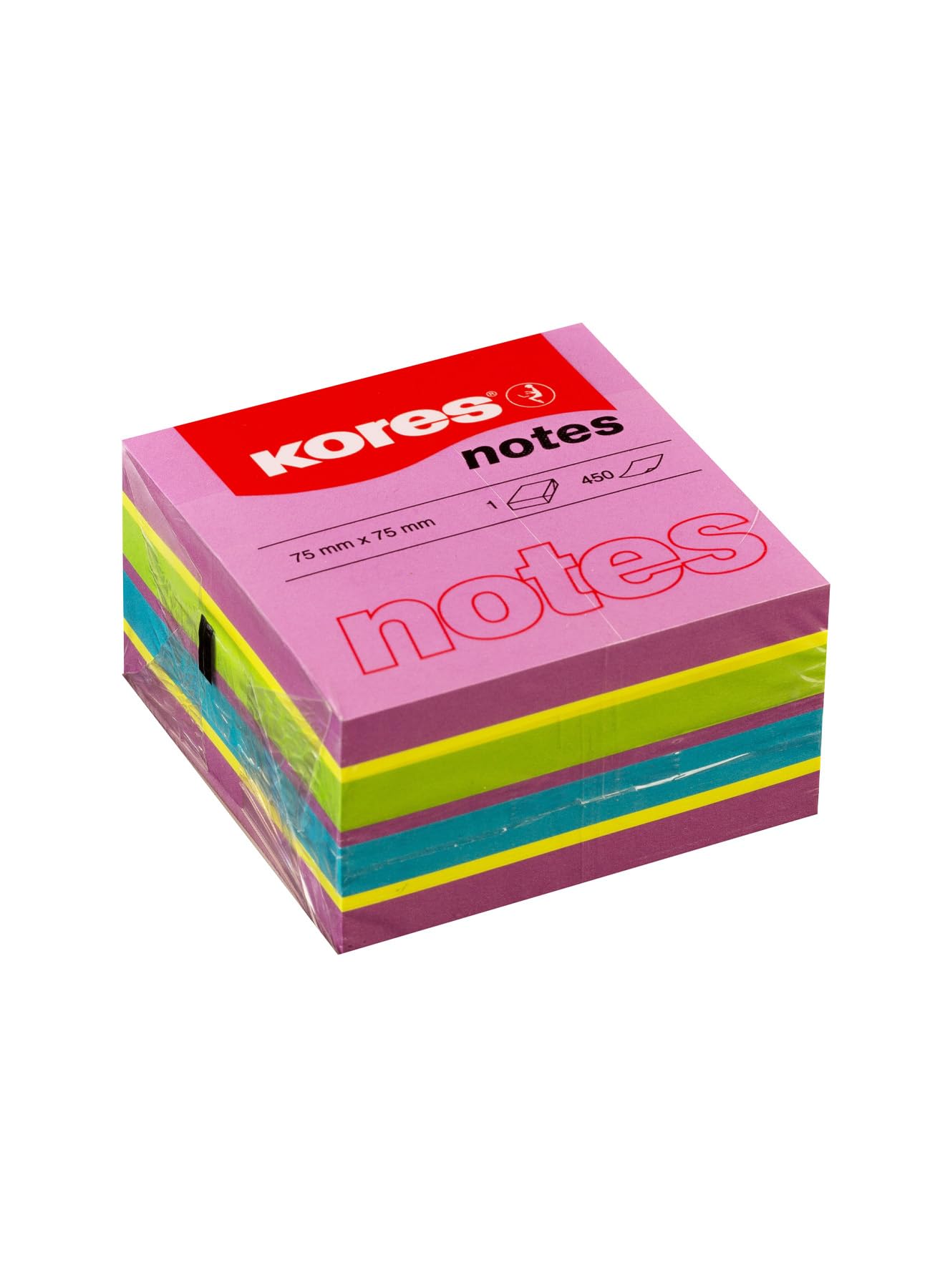 Kores Sticky Notes Cube Spring, 1 Pad of 450 Sheets in 4 Assorted Colors, 75x75mm