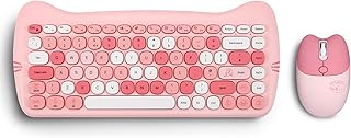 Perixx PERIDUO-715 Wireless Mini Keyboard and Mouse Set - Cute Cat-Like Design - Pink Candy Colors - Portable Travel Bag - Type-C Adapter - UK English