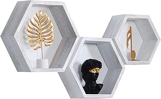 Hexagon Shelves,Honeycomb Shelves,Wall Mounted Floating Shelf,Rustic Wood Octagon Hanging Storage Shelves Set of 3 for Living Room Bedroom Kitchen Office Farmhouse Hexagonal Decor(Weathered White)