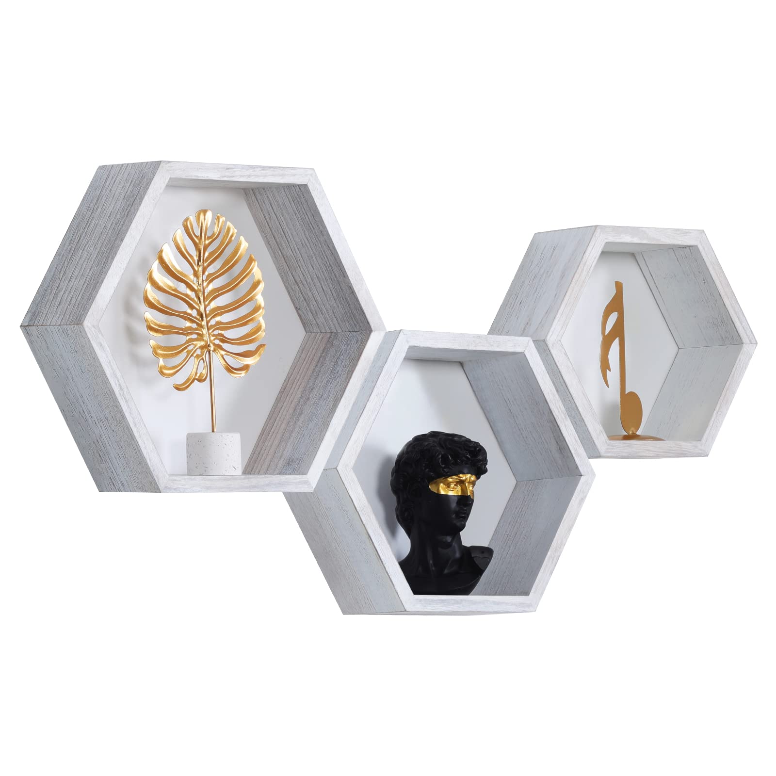 Hexagon Shelves,Honeycomb Shelves,Wall Mounted Floating Shelf,Rustic Wood Octagon Hanging Storage Shelves Set of 3 for Living Room Bedroom Kitchen Office Farmhouse Hexagonal Decor(Weathered White)