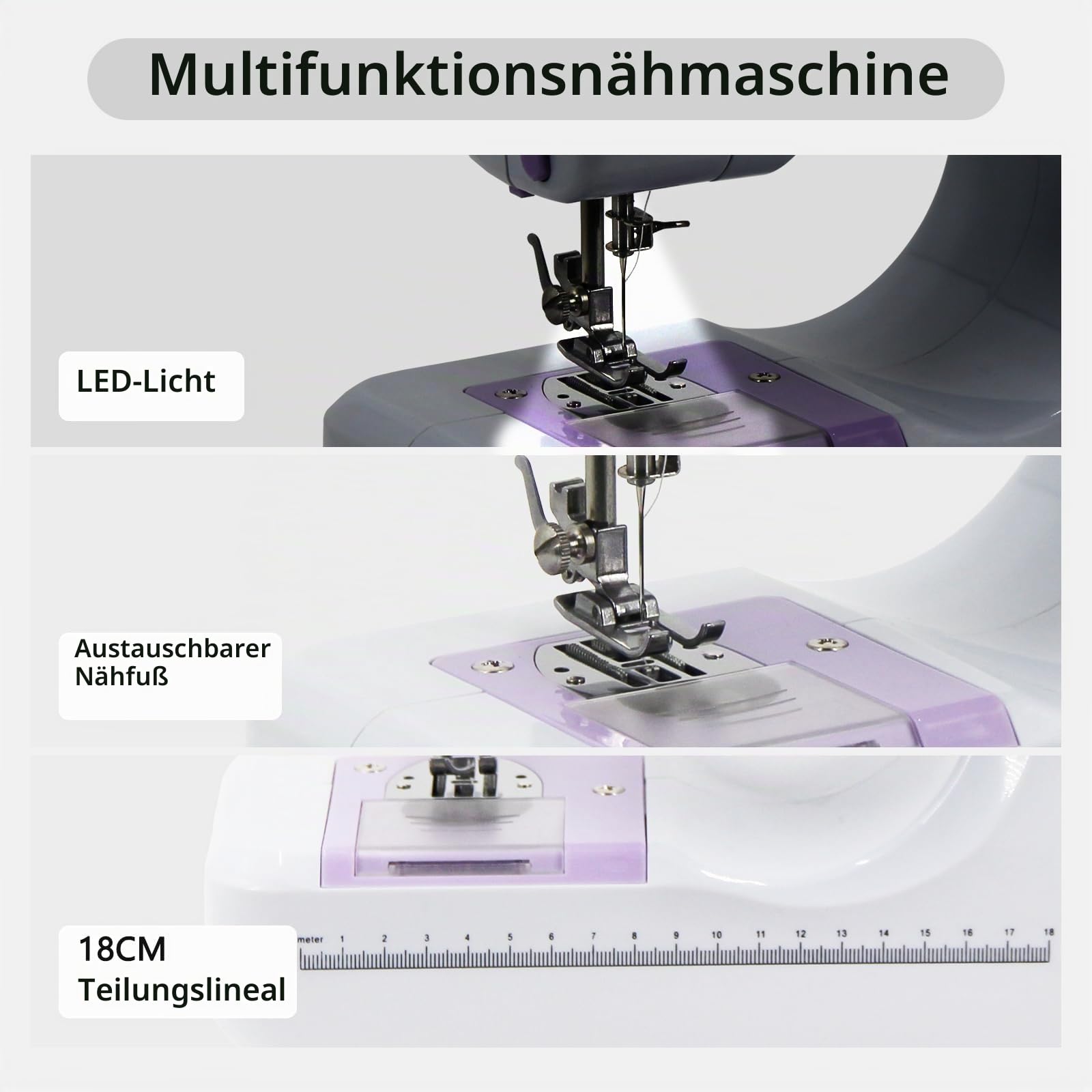 Nähmaschine für Anfänger, Elektrische Nähmaschine Kleine, 12 Stichprogrammen Handnähmaschine Mini Sewing Machine, Tragbare Nähmaschines mit LED-Licht, Fußpedal & Nähset (Lila-2)
