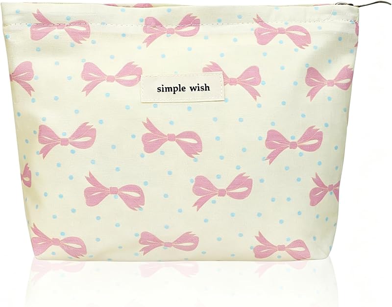 Necessaire de maquiagem Wudygirl com zíper, lona e estampa Blue Dot Bow