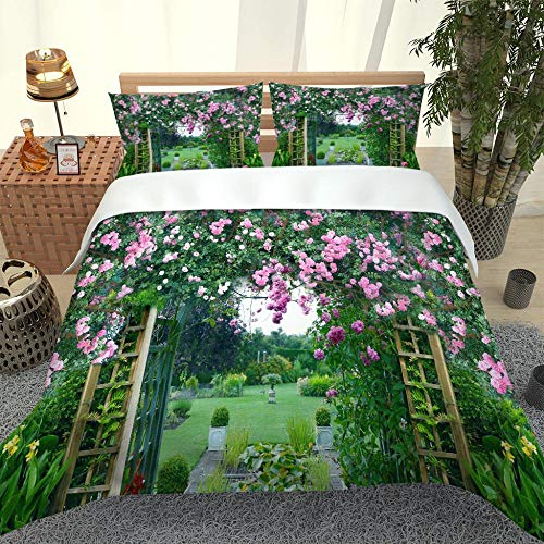 WRIXFA Housse de Couette 140x200cm 3D Paysage de Fleurs de Jardin Parure de Lit 2 Personne Grand Taille avec Fermeture Éclair Sets de Housse Couette King Size avec 2 Taie d'oreiller Cover