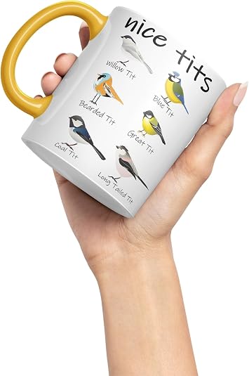 Vixar Beautiful Tits, Willow Tit, Blue Tit, Bearded Tit, Great Tit, Fir Tit, Tail Tit, Sarcastic Joke, Coloured Ceramic Mug for Hot Tea, Coffee, 330 ml, 11 oz (G Yellow)