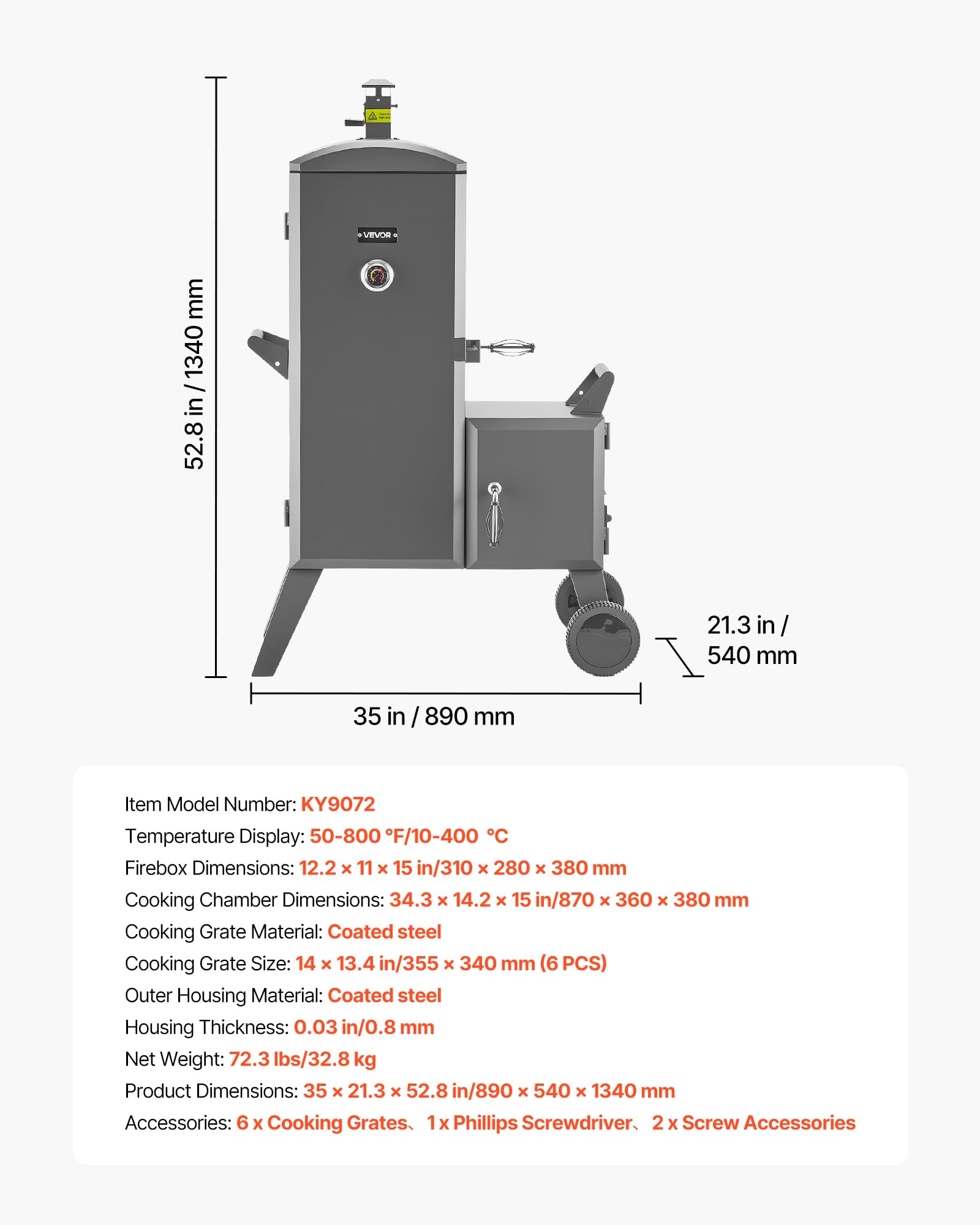 VEVOR Affumicatore Offset a Carbone per Barbecue in Acciaio Resistente con Focolare Laterale, con 6 Griglie Regolabili, Termometro e Prese d'Aria per Cucinare in Giardino o in Terrazza