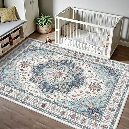 Madane Area Rug 4x6 Washable Rugs: Vintage Living Room Rug Soft Low Pile Non Slip Area Rugs Distressed Indoor Floor Carpet for Bedroom Kitchen Dining Room Home Decor, Blue