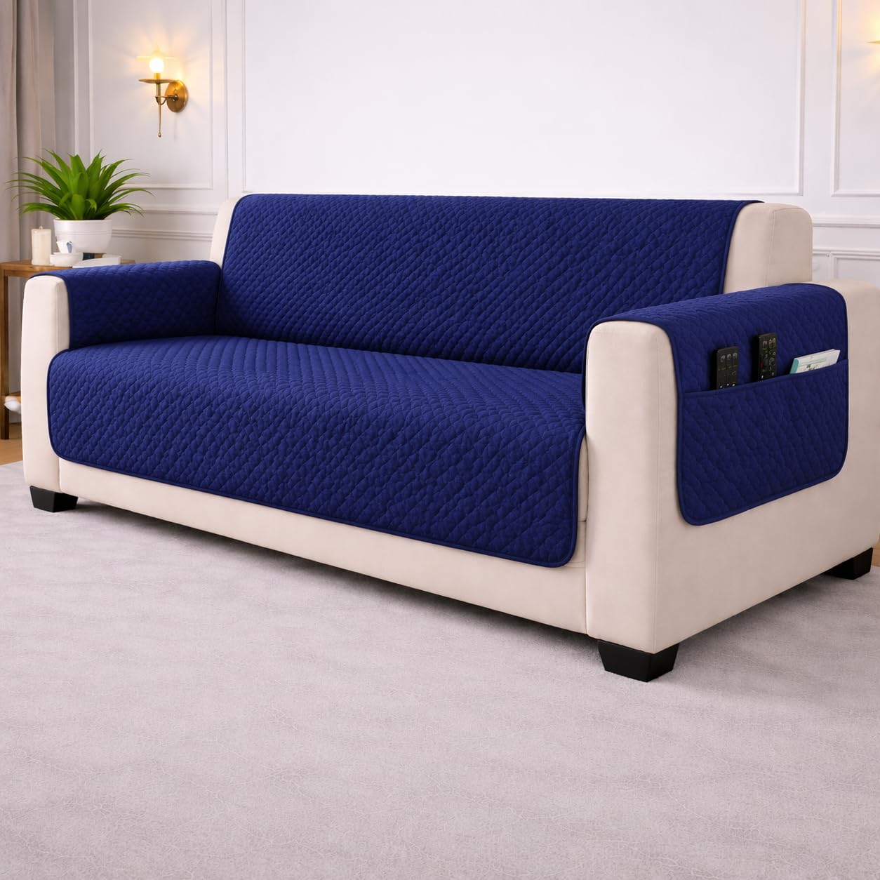STITCHNEST 'Airsoft Range Series' Solid Quilted Velvet Sofa Cover for 2 Seater | Premium Soft Velvet Sofa Protector | Blue Diamond Quilted Design with Armrest Pockets | Furniture Cover