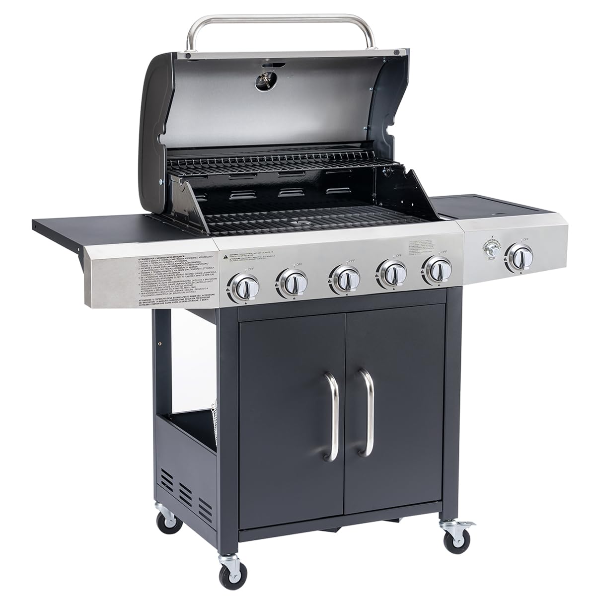 Arsard Barbecue a Gas Professionale XXL 6 Fuochi 19 KW con Bruciatore Laterale Griglia Ghisa Acciaio Inox