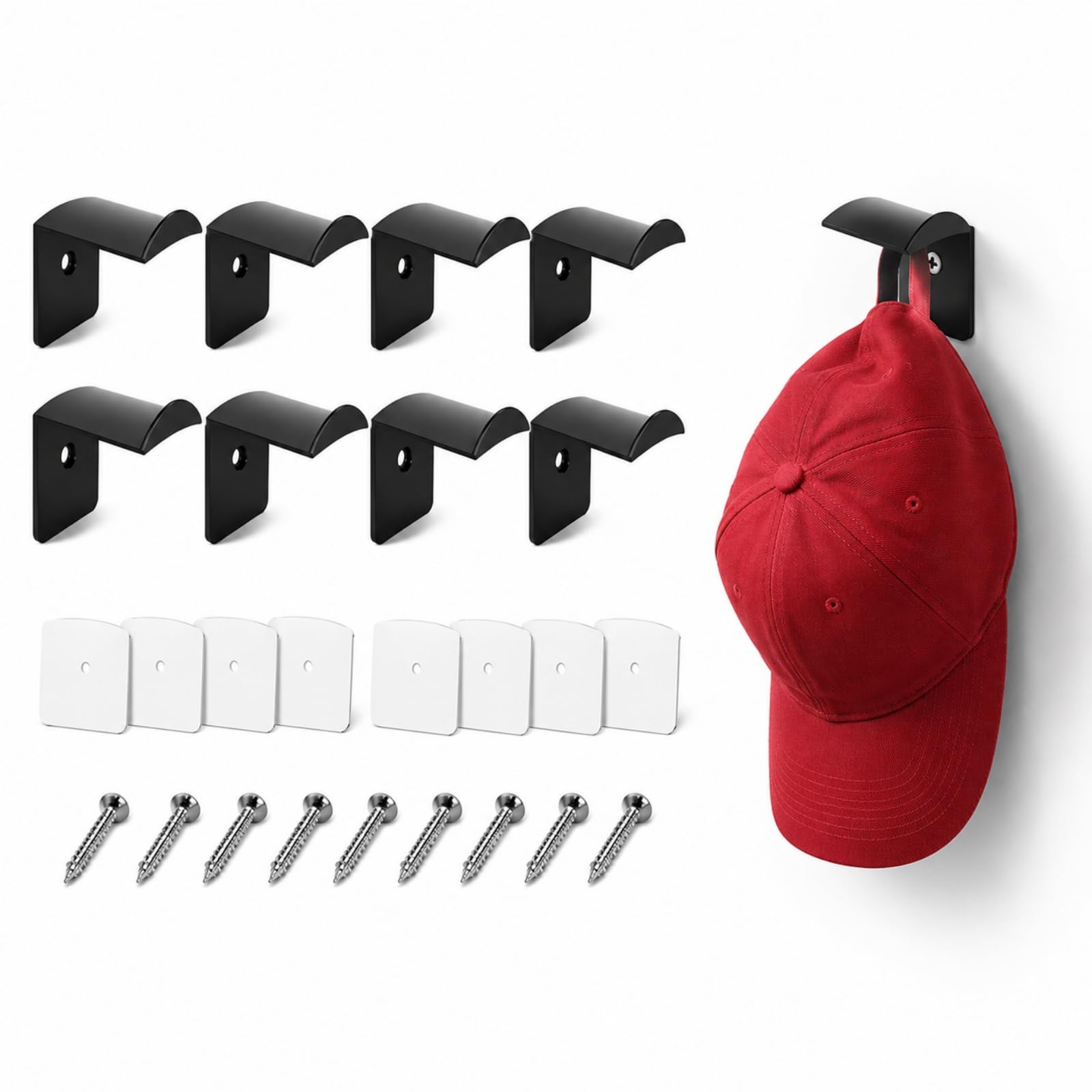 8Pcs Self Adhesive Cap Hooks โ Strong Hat Rack, No Drilling (Black)
