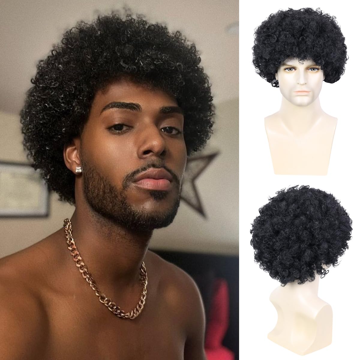 Queentas Afro Curly Hair Wig for Man Men Full Head Disco 70s Hair Wig Cosplay Full Head Men Wigs Natural Hair Black Rocker Costume Synthetic Hair Wigs for Diwali Daily Use