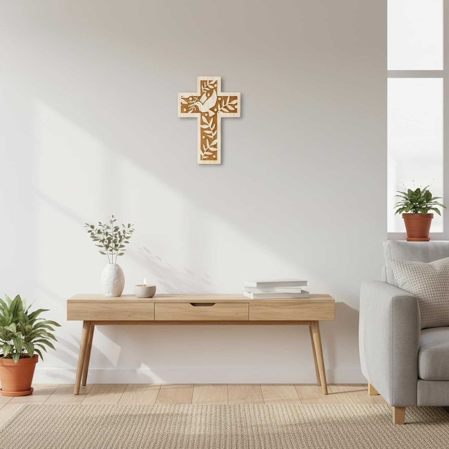 Croix murale en bois d'épicéa 18 cm avec colombe et rameaux d'olivier Kaltner