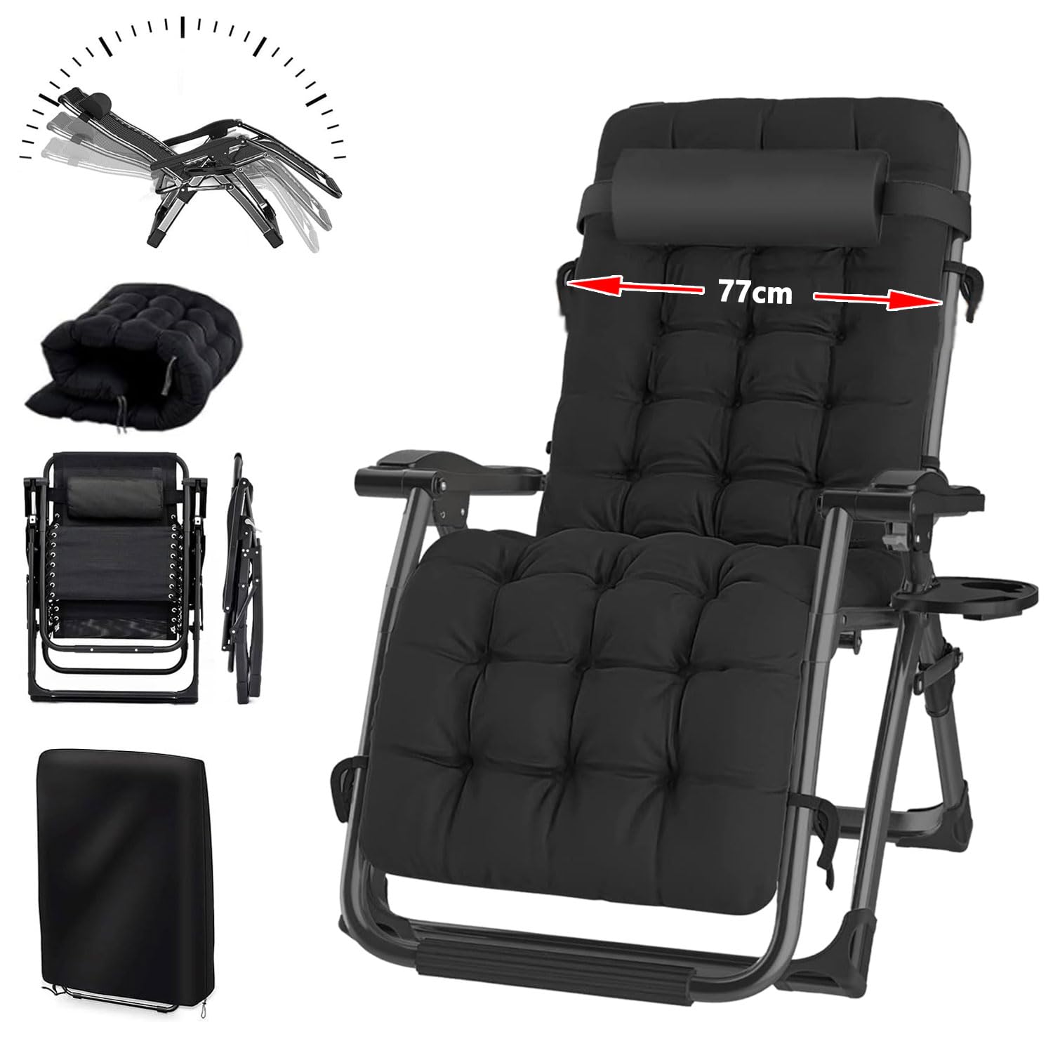 Chaise Longue Pliante 77cm, Chaise Longue Jardin Exterieur, Fauteuil Relax Jardin, Transat Jardin Exterieur, pour Patio, Jardin, Plage, Piscine, avec Coussin 240 kg (Noire)