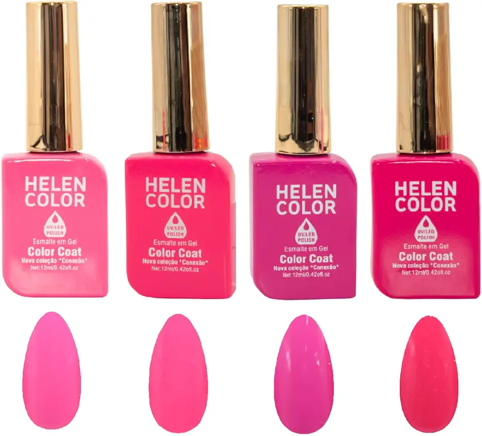 HELEN COLOR Kit 4 Esmaltes em Gel UV/LED, 12ml Cada, Alta Duração, Brilho Intenso, Secagem Rápida, Acabamento Brilhante, 48ml Total (Rosa)