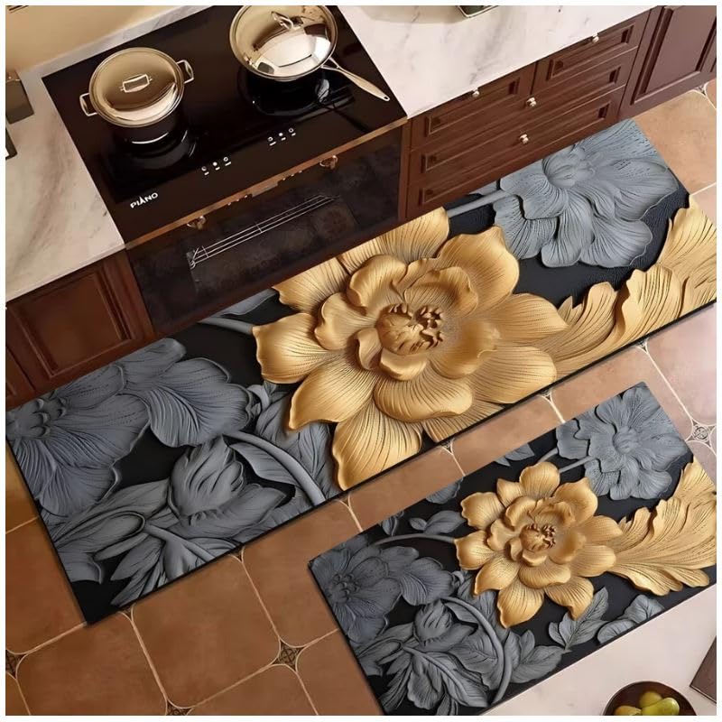 Image of Zorzel Rubber Anti Fatigue Kitchen Rug Set,2 Pcs Non Slip Kitchen Mats for Floor Cushioned Kitchen Rug & Mat,Waterproof Comfort Standing Mat,Runner for Kitchen,Home Office,Sink,Laundry (Black Flower)