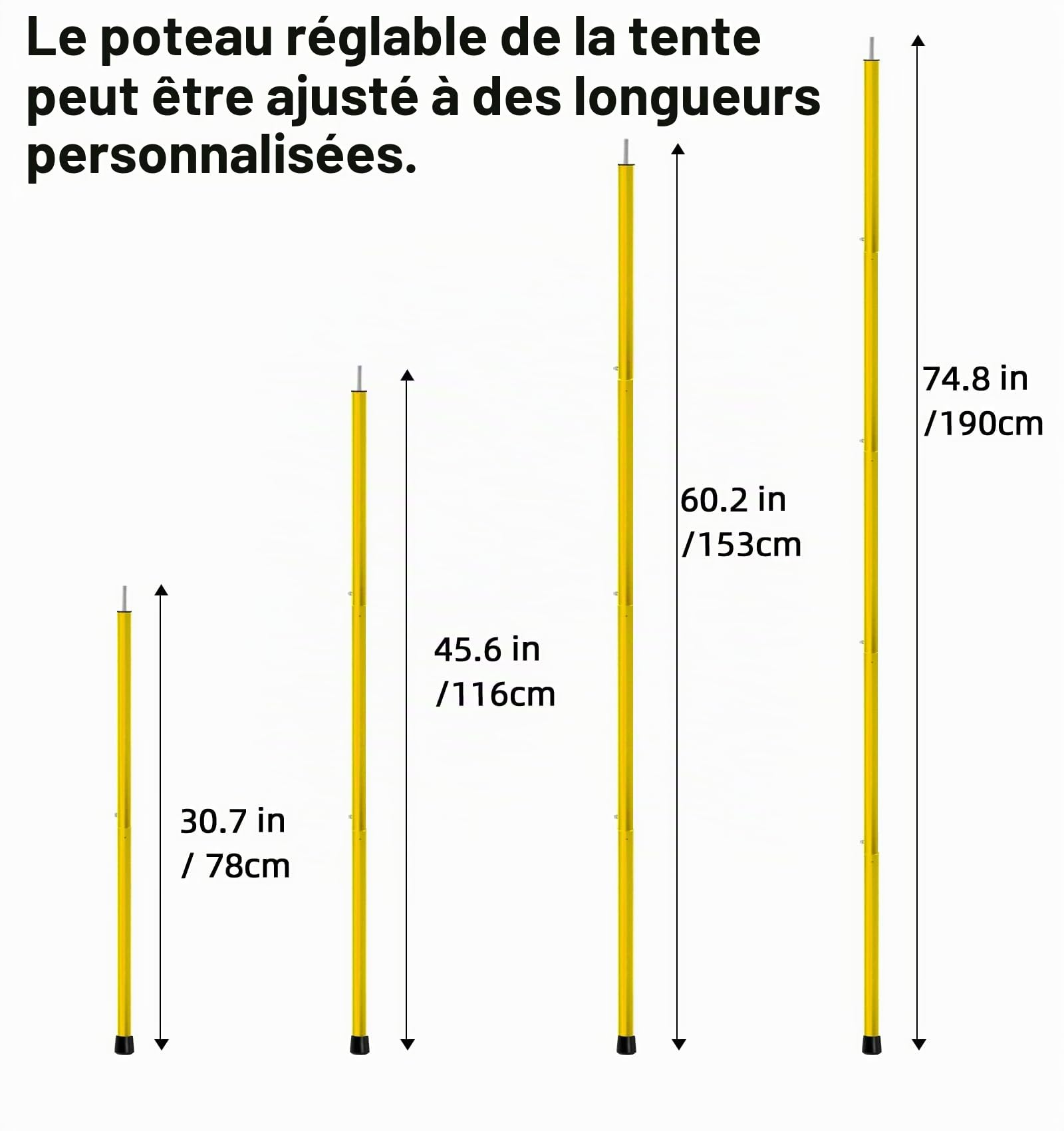 KOMCLUB Lot de 4 poteaux de tente télescopiques en aluminium - Pour les mouches de tente, légères et réglables - 1,9 m