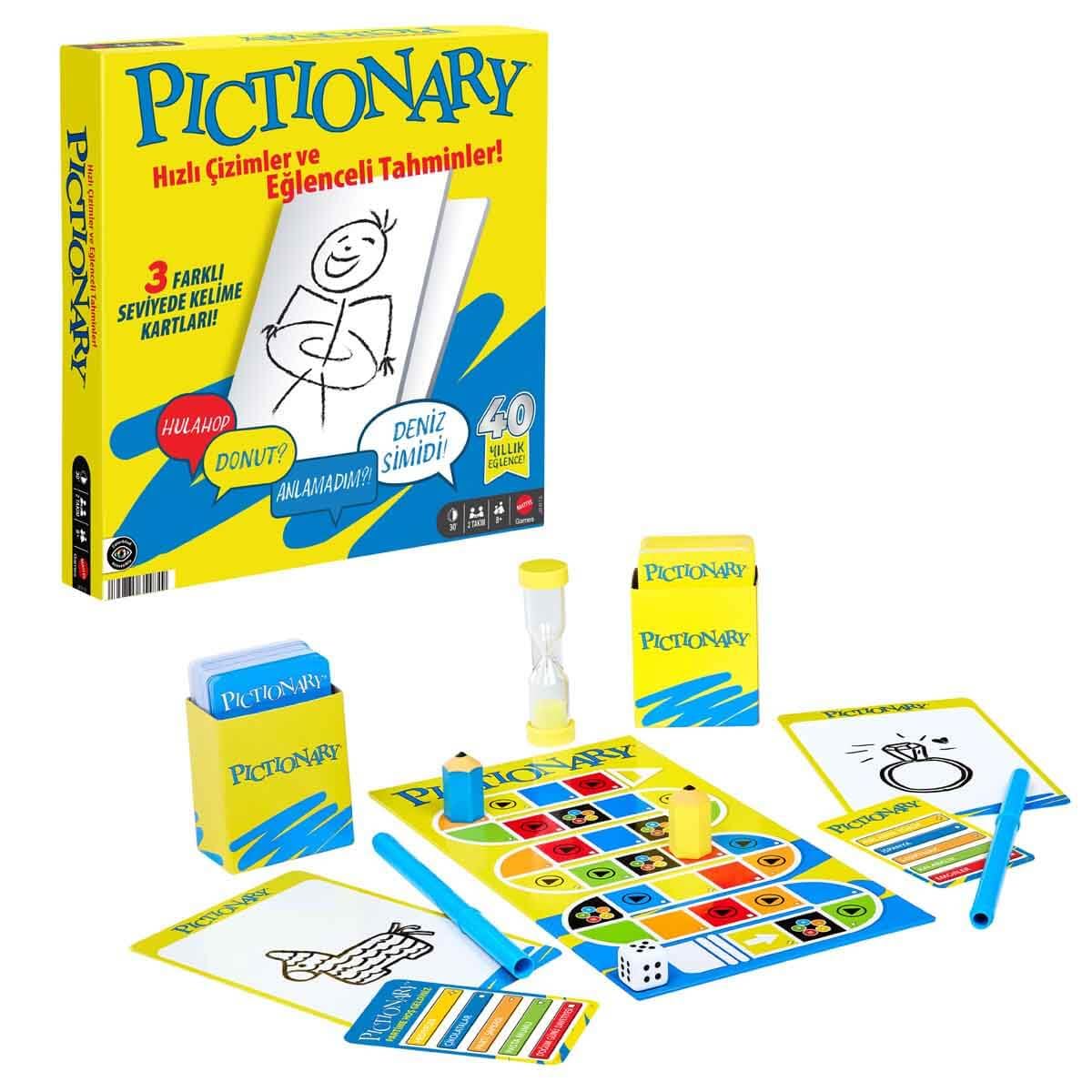Mattel Games Pictionary kutu oyunu Çocuklar, yetişkinler, aileler ve oyun geceleri için 2 takımla oynanan, Türkçe kelime kartları, silinebilir kalemler, tahtalar ve kum saati, JKR18