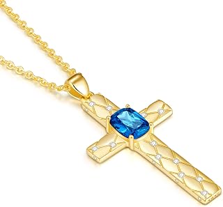 Easter Gifts for Women - 14K Gold/White Gold Cross Birthstone Pendant Necklaces, Religious Anniversary Birthday Jewelry Gifts for Wife Girlfriend Lady, Non Tarnish 18"+2"