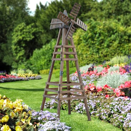 VINGLI Outdoor Yard Windmill Wooden Wind Spinner for Garden Yard Lawn Patio Decoration (Carbonized Wood Medium)
