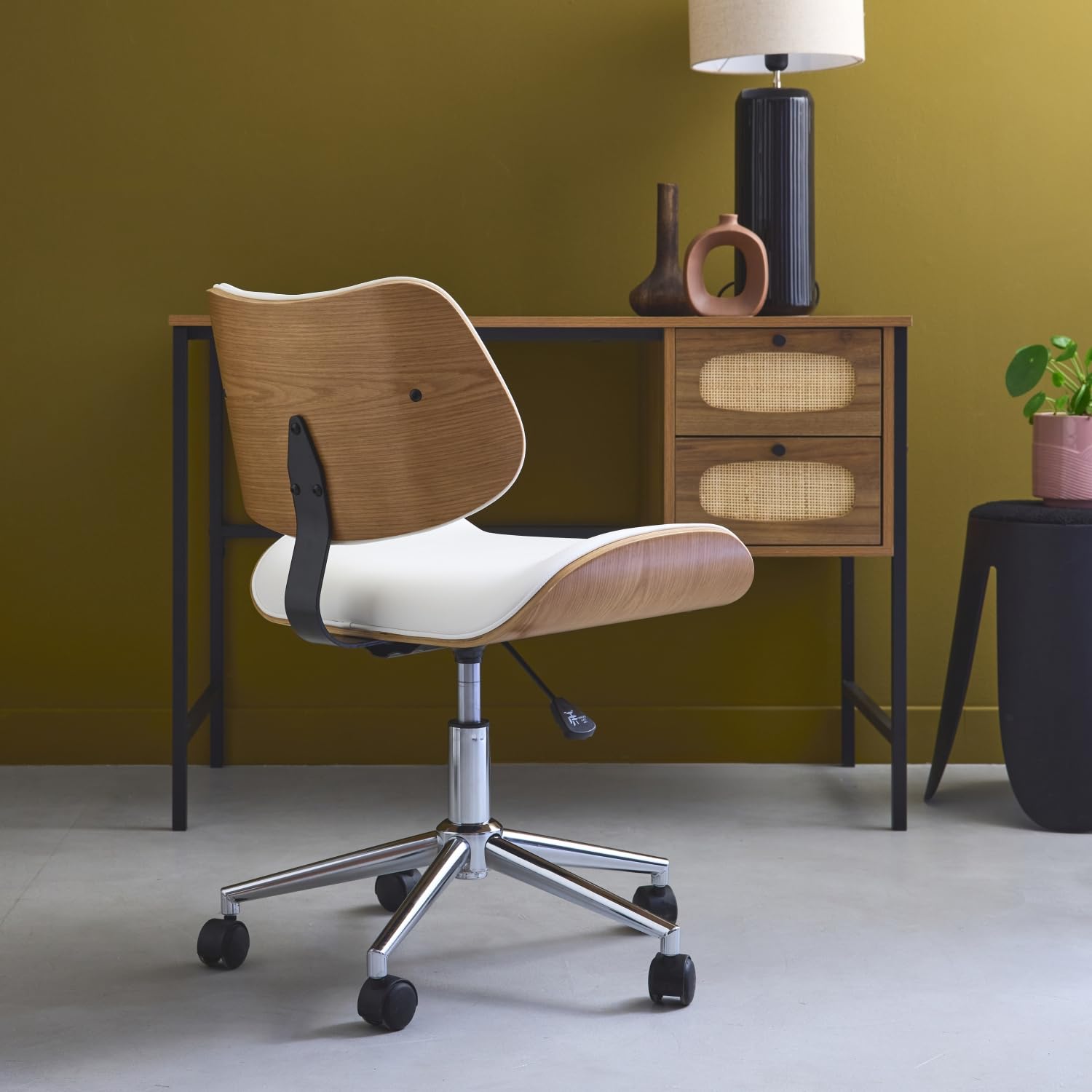 sweeek-Silla de Oficina con Ruedas, Madera Curvada y Acabado en Polipiel, Karen, Blanco, 52x53x88 cm