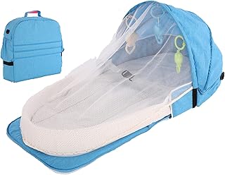 Sijux Lit Bébé Tente De Plage Pliante, Enfant Lit De Voyage with Moustiquaire, Anti-UV Pliable Nouveau-Né Lit De Voyage, Moustiquaire Panier De Couchage avec Jouets,Bleu